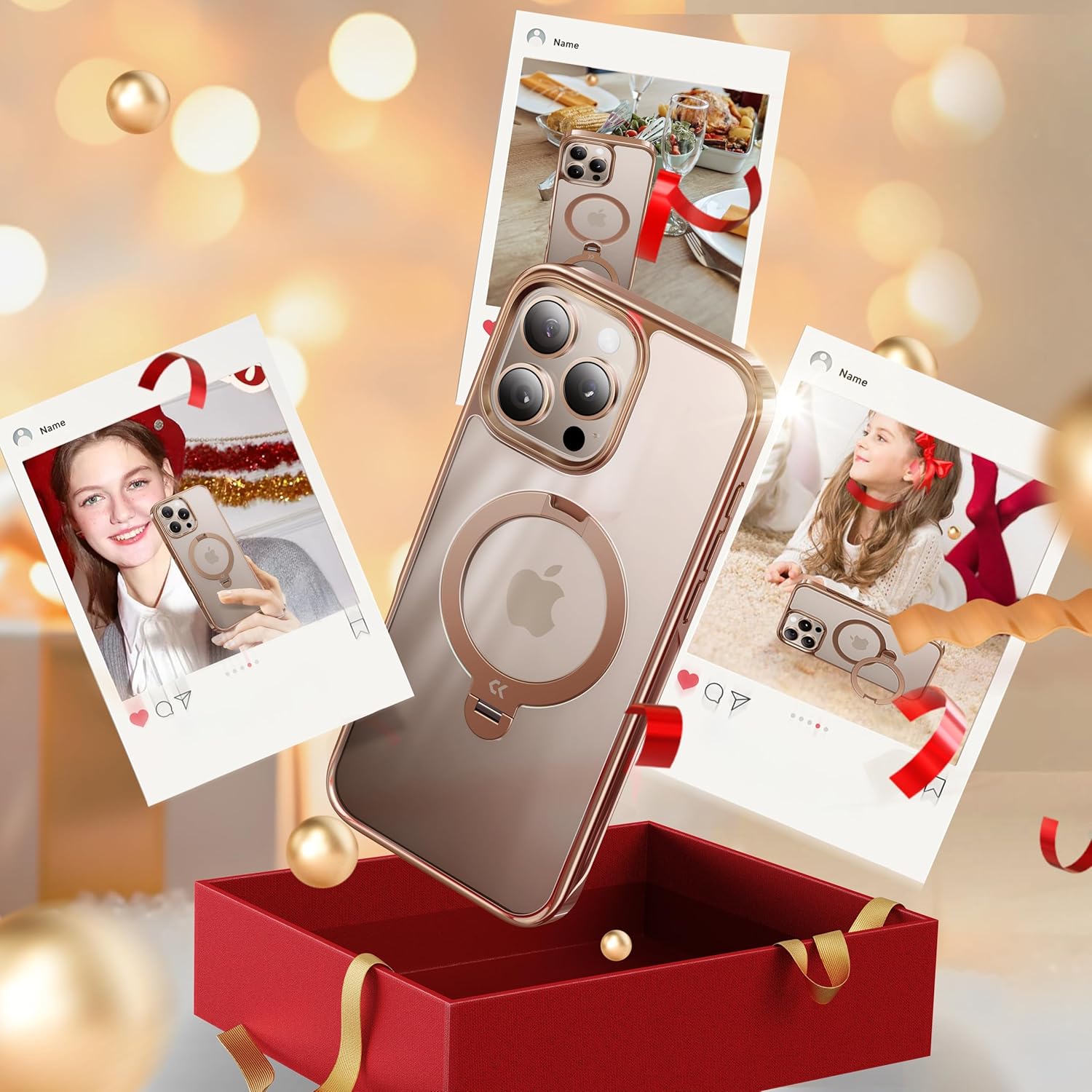 CASEKOO Desert Titanium for iPhone 16 Pro Case with 360° Spin Magnetic Stand [Compatible with Magsafe][16FT Military Protection] Polished Clear for iPhone 16 Pro Case Ring Kickstand 6.3'', Rose Gold