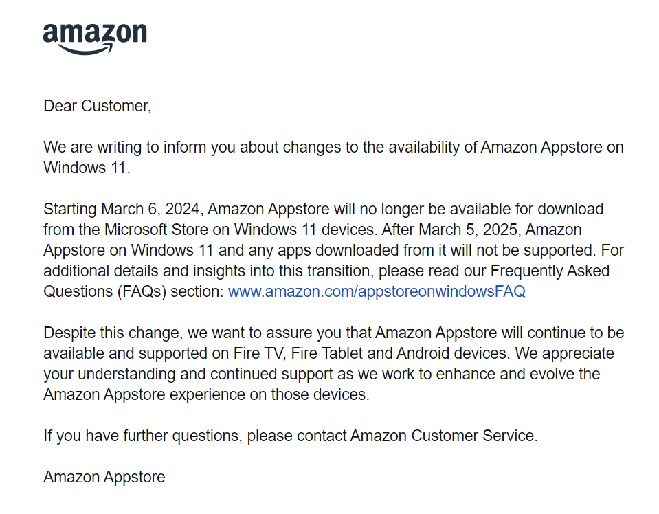 Amazon sent an e-mail notifying that Amazon Appstore will no longer be  available for download starting tomorrow (March 6) : r/Windows11