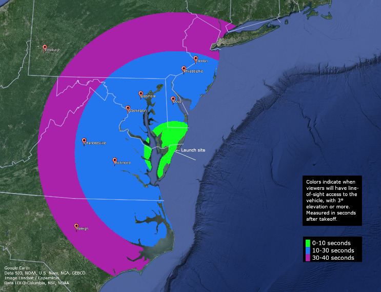 NASA Sounding Rocket Aims for Aug. 25 Launch 1 A visibility map showing the mid-Atlantic region. The map shows how many seconds after launch people in the area may be able to see the sounding rocket in the sky. The land is green and the ocean is dark blue. Visibility of 30-44 seconds is represented by a purple semi-circle reaching north to Massachusetts, west to West Virginia, and almost as south as Wilmington, North Carolina. 10-30 seconds is represented by a bright blue semi-circle reaching north to New Jersey, west into Virginia, and south to the upper part of North Carolina. Visibility from 0-10 seconds is indicated by a bright green semi-circle mostly covering the Eastern Shore of Maryland and Virginia. On the right is a black box with white words: "Colors indicate when viewers will have line-of-sight access to the vehicle, with 3° elevation or more. Measured in seconds after takeoff.
