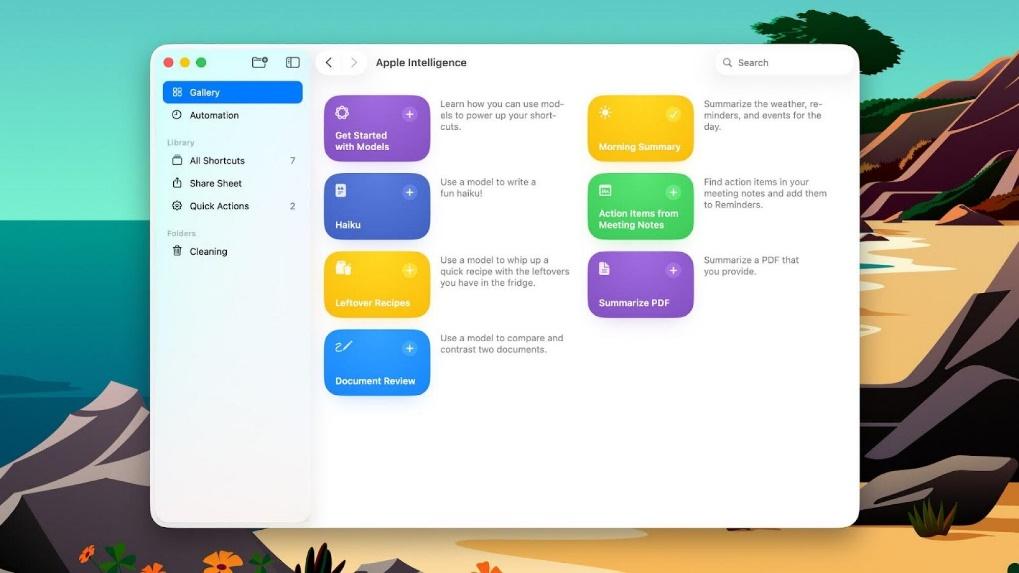 A screenshot of MacOS's new Apple Intelligence options in Shortcut, including a "leftover recipes" generator, a "morning summary" and an option to "summarize" a PDF.