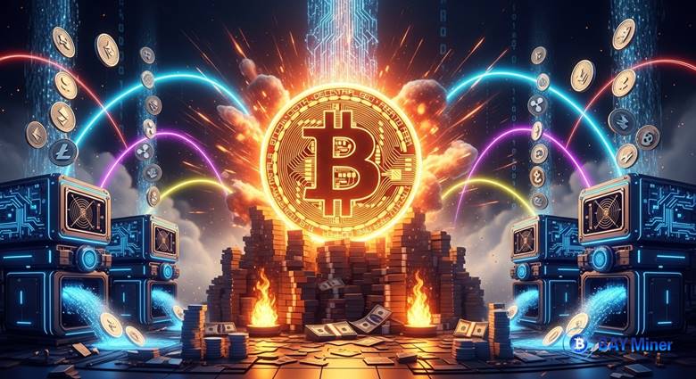 A dynamic digital artwork showcasing Bitcoin at the center, surrounded by various cryptocurrencies like Litecoin and Ethereum. Two mining rigs are prominently displayed, emitting coins and dollar bills as they process digital currency. The image symbolizes the potential of cloud mining platforms like BAY Miner to generate substantial cryptocurrency profits, with an explosion of digital growth and innovation in the background.








