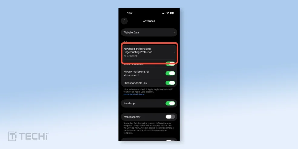 iPhone settings screen showing "Advanced Tracking and Fingerprinting Protection" enabled under the "Advanced" section, with various privacy and security features like "Privacy Preserving Ad Measurement" and "JavaScript" options visible.