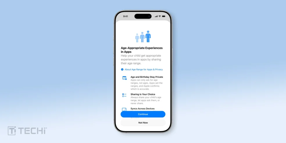 iPhone screen showing the "Age-Appropriate Experiences in Apps" setup, with options for sharing a child's age range, privacy settings, and syncing across devices. The screen highlights privacy features like keeping age and birthday private and allowing the user to choose whether to share this information.