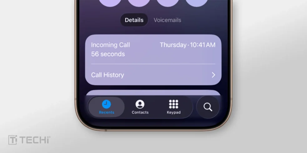 iPhone screen showing the "Recents" tab with details of an incoming call, including the duration and time. The bottom navigation bar includes options for "Recents," "Contacts," "Keypad," and "Search.