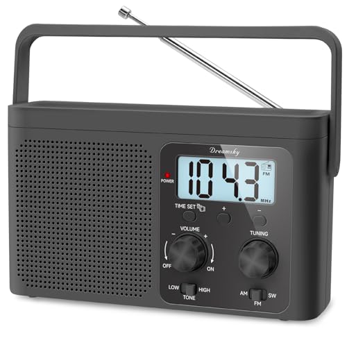 DreamSky AM FM Radio Portable - Shortwave Radio Battery Powered or Plug-in Wall for Home Outdoor, Strong Reception, Large Dial Easy to Use, Digital Time Display, Transistor Antenna, Seniors Small Gift for Seniors Elderly