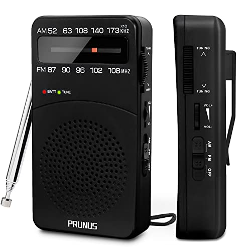 PRUNUS J-166 Portable Radio AM FM, Battery Operated Radio with Tuning Light, Back Clip, Excellent Reception, AM FM Radios Portable, Transistor Radios