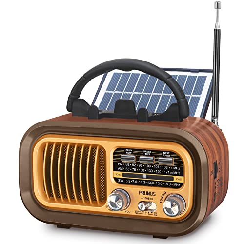 PRUNUS J-150 Portable Radio AM FM SW Bluetooth, Retro Radios Vintage Transistor with Best Sound, Solar/D Battery Operated/USB Rechargeable, TWS, Support TF Card/USB Playing