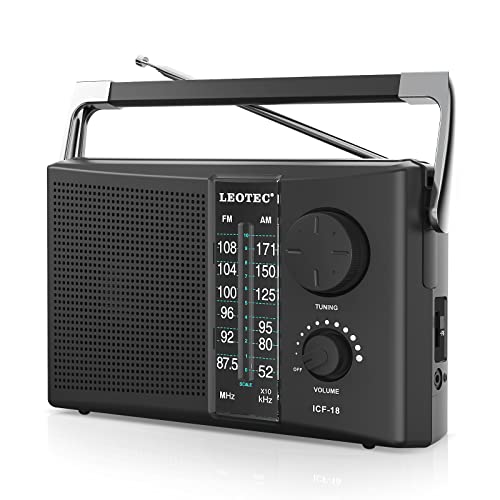 LEOTEC Portable AM FM Radio with Best Reception, Battery Operated or AC Power, Big Speaker, Large Tuning Knob ,Clear Dial, Earphone Jack for Gift, Elder ,Home Black