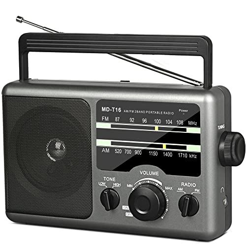 AM FM Portable Radio Battery Operated by 4X D Cell Batteries Or AC Power Transistor Radio with and Big Speaker, Standard Earphone Jack, High/Low Tone Mode, Large Knob