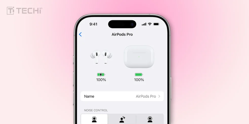 iPhone screen displaying the AirPods Pro 3 with full battery charge for both the earbuds and the charging case, along with the noise control options in the settings.