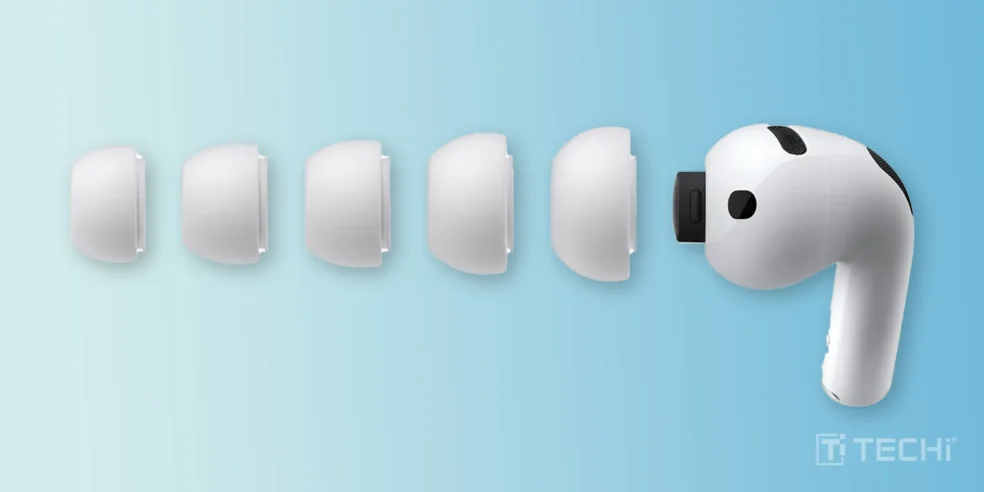 AirPods Pro 3 with foam-infused ear tips displayed alongside various sizes of ear tips for a customizable fit, showcasing the improved design for better stability and comfort.
