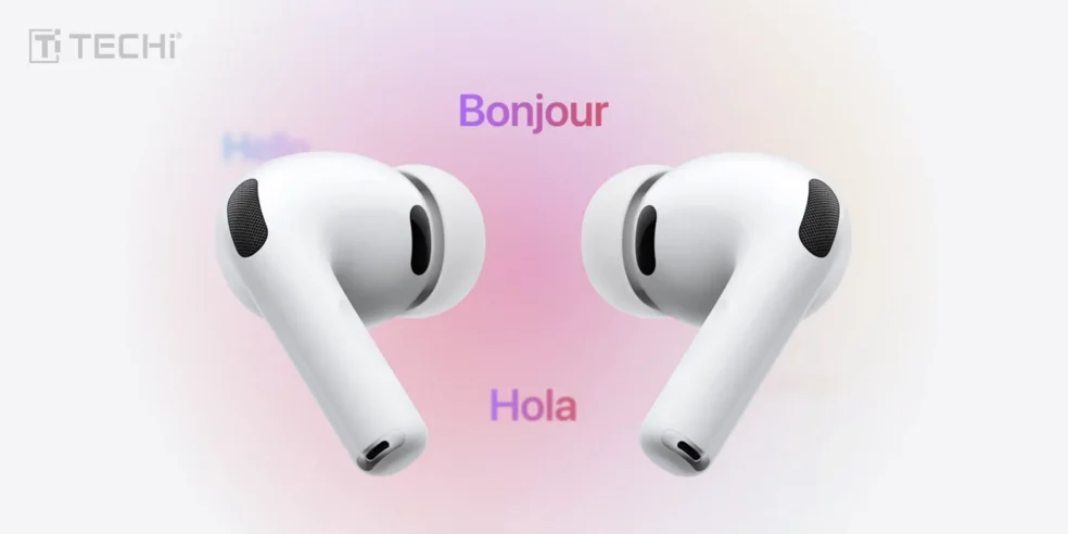 AirPods Pro 3 with live translation feature, displaying the words "Hola" and "Bonjour" in different languages, highlighting the multilingual capability of the earbuds.