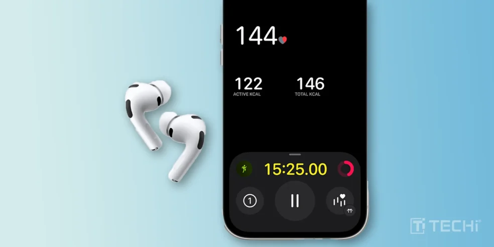 AirPods Pro 3 displayed alongside an iPhone screen showing heart rate and activity data, highlighting the fitness tracking features of the earbuds.