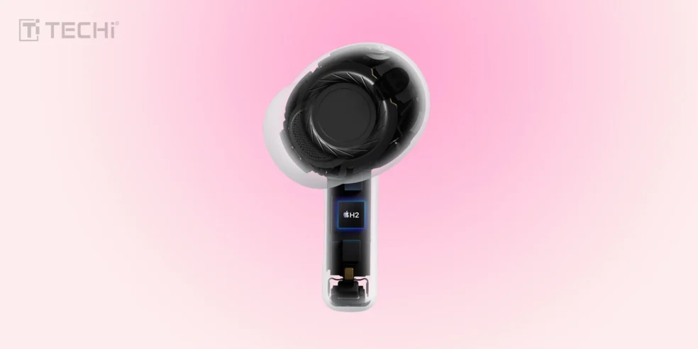 Close-up view of the AirPods Pro 3 with the H2 chip visible inside the earbud, highlighting the advanced design and technology powering the audio and noise cancellation features.