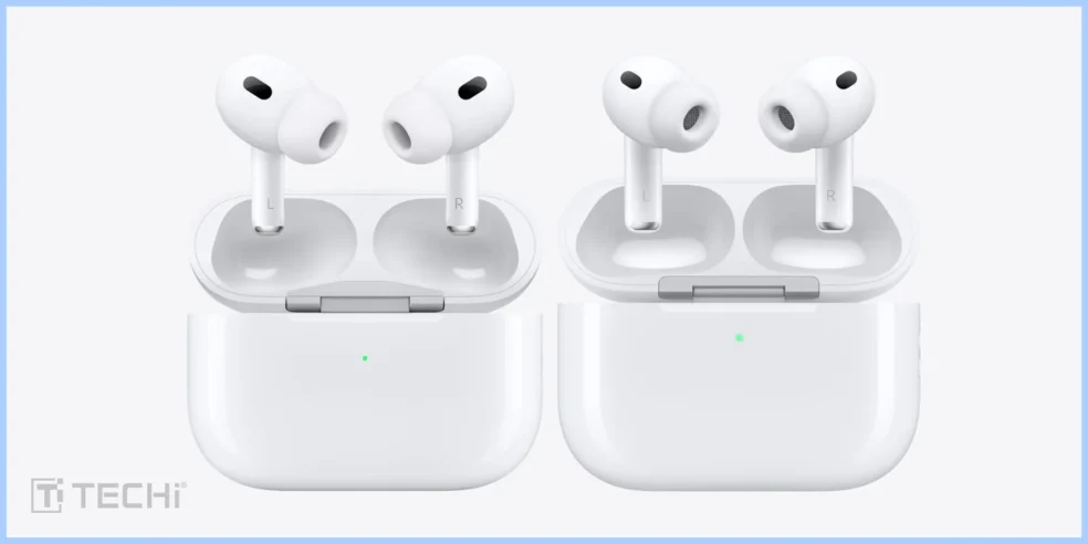 Comparison of AirPods Pro 3 (right) and AirPods Pro 2 (left) inside their charging cases, highlighting the slight design differences and placement of the earbuds.