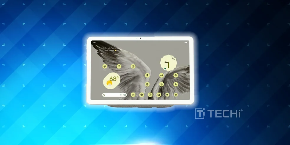 Best Cool Tech Gadgets to Own in 2025 8 Google Pixel Tablet with smart home interface and docked display against a blue tech background.