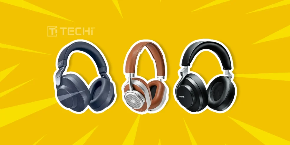 Best Cool Tech Gadgets to Own in 2025 3 A lineup of premium noise-cancelling headphones from Jabra, Master & Dynamic, and Shure on a vibrant yellow background with the TECHi logo.