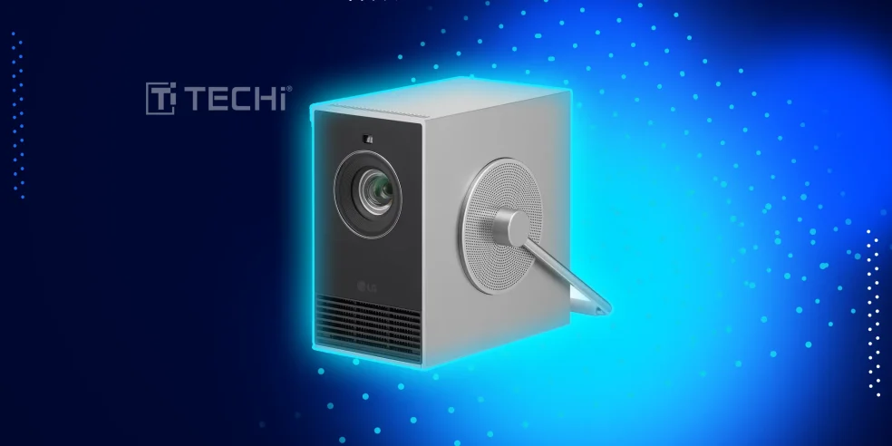 Best Cool Tech Gadgets to Own in 2025 9 LG CineBeam Q portable projector with a retro design and smart TV features, shown on a glowing blue background with TECHi logo.