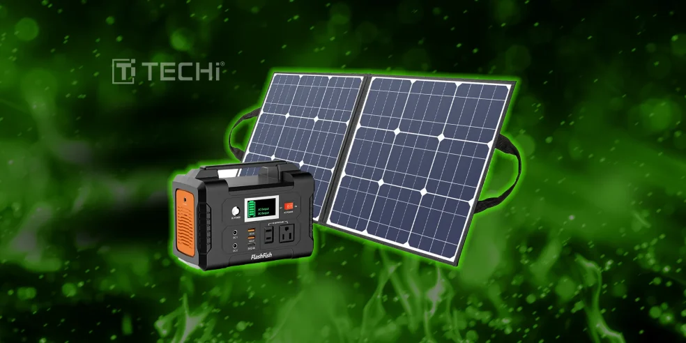 Best Cool Tech Gadgets to Own in 2025 2 FlashFish portable solar battery charger with a foldable solar panel on a green tech background.