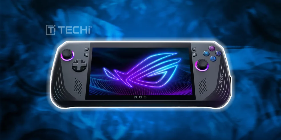 Best Cool Tech Gadgets to Own in 2025 7 ASUS ROG Ally handheld gaming console with illuminated controls and futuristic ROG logo displayed on screen, set against a vibrant blue background.