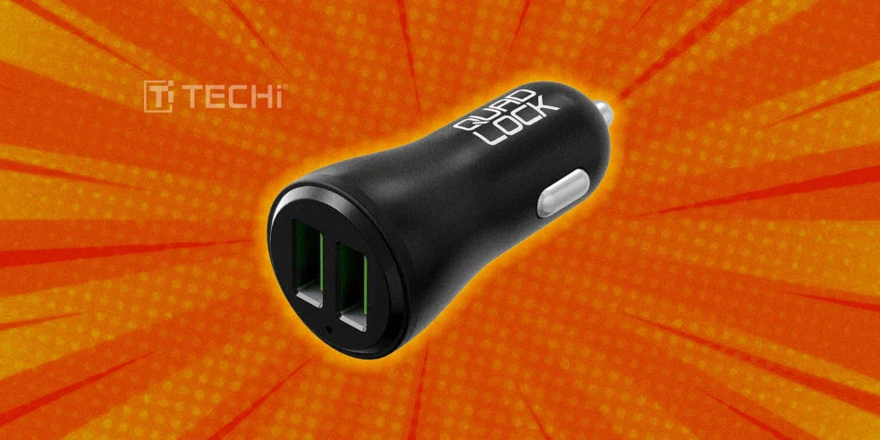 Best Cool Tech Gadgets to Own in 2025 4 Quad Lock black USB car charger with dual ports on a bright orange comic-style background.