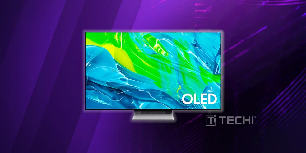 Best Cool Tech Gadgets to Own in 2025 11 Samsung S95D OLED TV displayed on a purple digital background, showcasing vivid color accuracy and ultra-thin screen with TECHi branding.