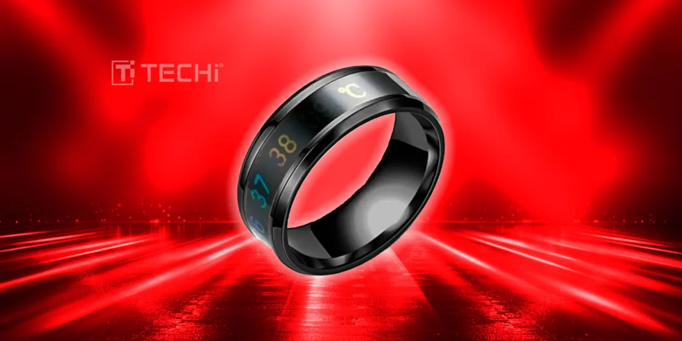 Best Cool Tech Gadgets to Own in 2025 15 The futuristic Samsung Galaxy Ring with digital temperature display glowing on a red tech-themed backdrop with TECHi watermark.