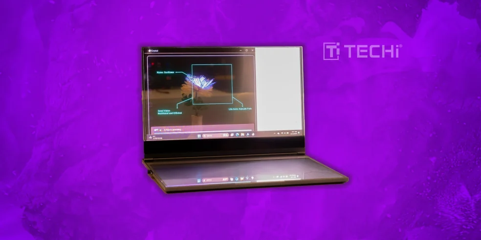 Best Cool Tech Gadgets to Own in 2025 13 Transparent Lenovo concept laptop showcasing AI-generated flower identification on screen.