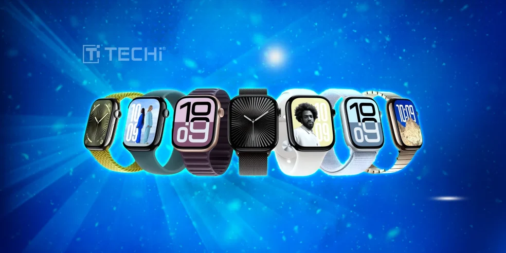 Best Cool Tech Gadgets to Own in 2025 10 Multiple Apple Watch Series 10 models displayed against a blue background.