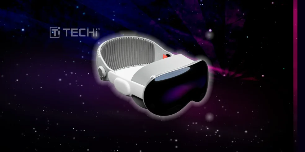 Best Cool Tech Gadgets to Own in 2025 14 Apple Vision Pro headset with a sleek white and black design, floating against a futuristic purple galaxy background, symbolizing spatial computing and immersive technology.