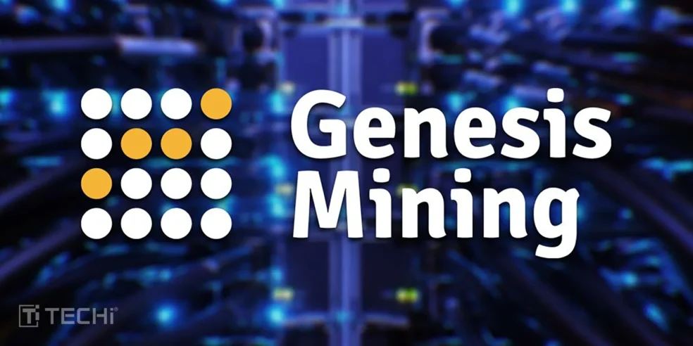 Genesis Mining logo with a background of digital servers and technology.