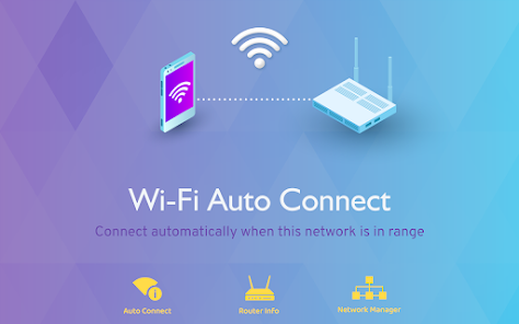 An illustration of Wi-Fi Auto Connect feature showing a phone and a router with a wireless signal, accompanied by icons for Auto Connect, Router Info, and Network Manager. The text emphasizes the automatic connection to the network when it's in range.