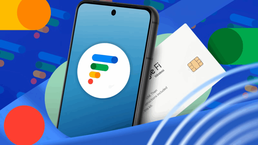 A promotional image showing a Google Fi logo on a smartphone screen, with a Google Fi SIM card in the background. The design incorporates colorful abstract shapes and emphasizes Google Fi’s wireless service offering.