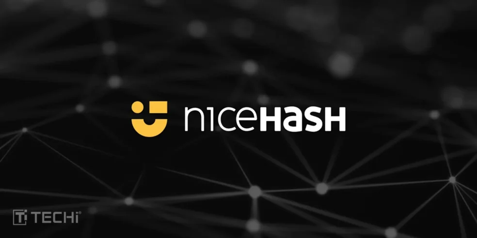 NiceHash logo on a dark background with connected nodes, representing the global hash power marketplace for cryptocurrency mining.