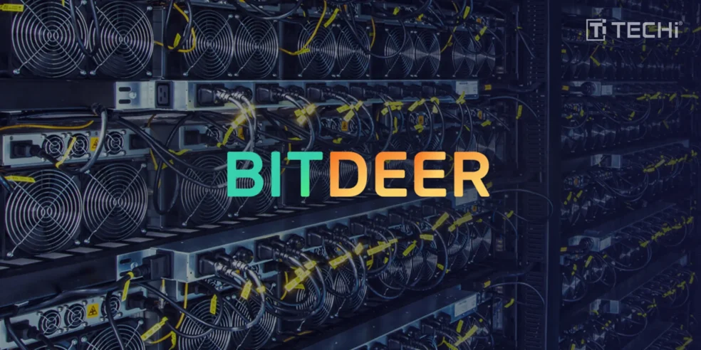 BitDeer logo with background of mining rigs, representing cloud mining infrastructure backed by Bitmain.