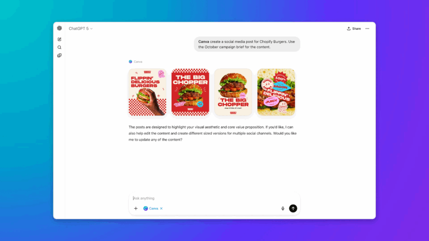 Screenshot of ChatGPT integrating with Canva to create a social media post for Chopify Burgers, displaying burger-themed campaign images with a request for content updates.