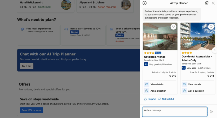 Screenshot of the AI Trip Planner feature in ChatGPT showing hotel options in Barcelona, including Catalonia Atenas and Occidental Atenea Mar, with pricing and reviews.