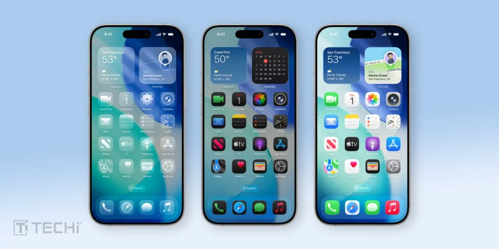 iPhones displaying iOS 26 interface with weather updates, calendar, and app icons on the home screen, showcasing the new iOS features and layout.