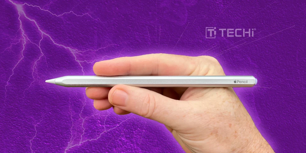 Best Cool Tech Gadgets to Own in 2025 1 Hand holding an Apple Pencil with a lightning-textured purple background.