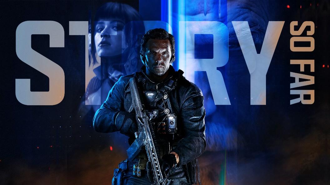Call of Duty: Black Ops 7 story so far, featuring a soldier holding a weapon with a backdrop of intense graphics and characters from the game.
