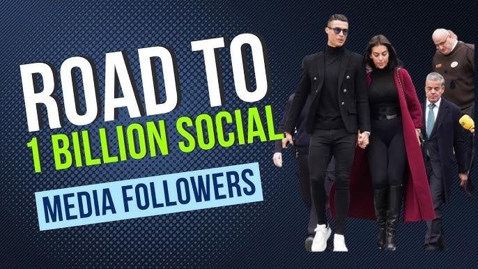Cristiano Ronaldo and Georgina Rodriguez walking hand-in-hand, with a headline "Road to 1 Billion Social Media Followers" promoting their journey toward achieving 1 billion followers across social media platforms.








