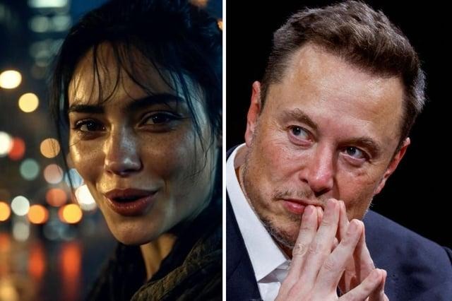 Left image: A close-up of a woman smiling in a city at night. Right image: Elon Musk looking contemplative with his hands clasped in front of him.