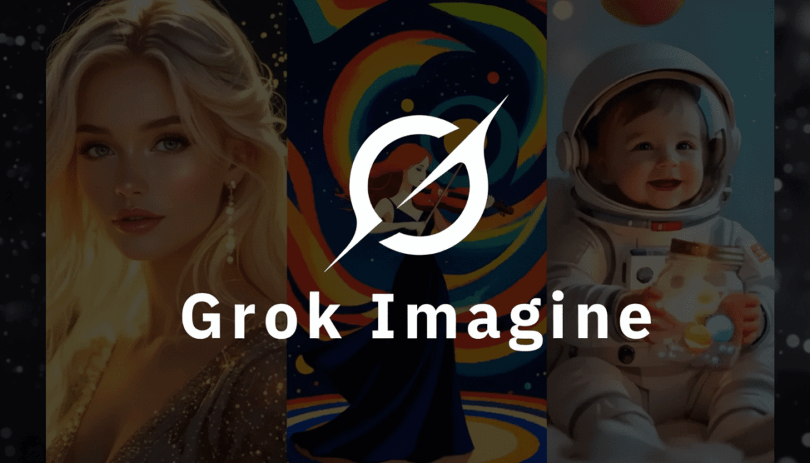 Logo of Grok Imagine, featuring AI-generated art of a woman, a violinist, and a child in an astronaut suit. The logo is placed in the center, representing the creative possibilities of AI-generated visuals.