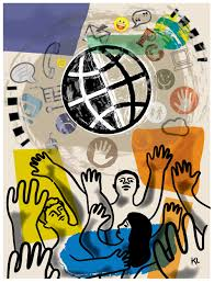 An abstract illustration of people reaching out, with hands raised toward a globe, symbolizing the fight for global access to the internet and digital rights.