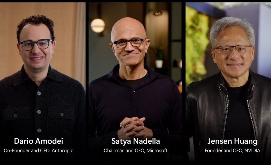 Leaders of Microsoft, NVIDIA, and Anthropic: Dario Amodei (Co-Founder and CEO of Anthropic), Satya Nadella (Chairman and CEO of Microsoft), and Jensen Huang (Founder and CEO of NVIDIA) standing together for a strategic AI partnership announcement.