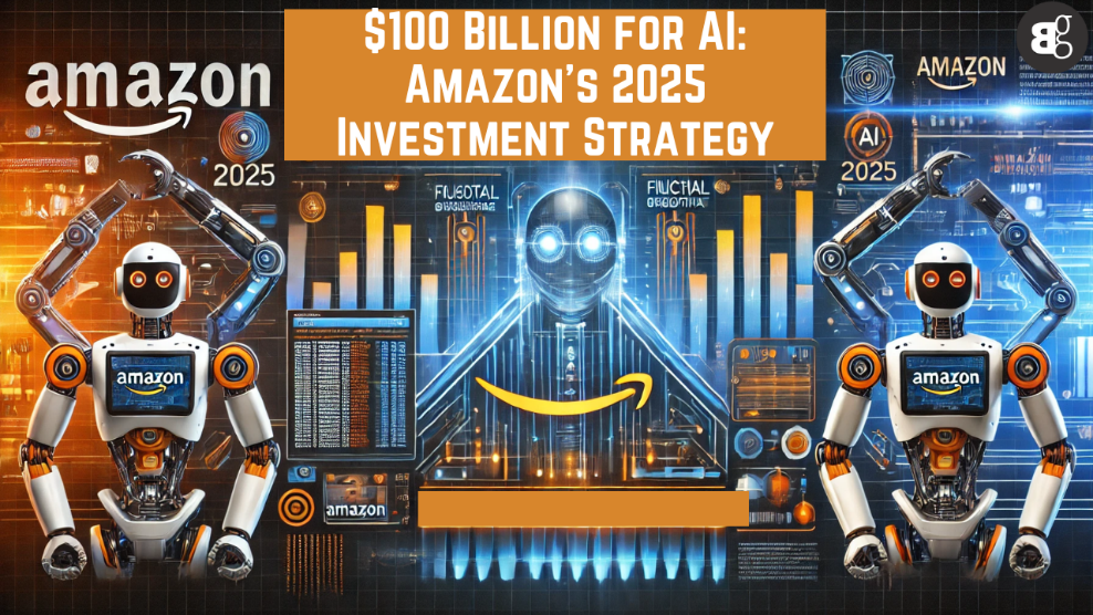 Two Amazon-branded humanoid robots with raised arms, glowing central AI figure, and digital data overlays.
