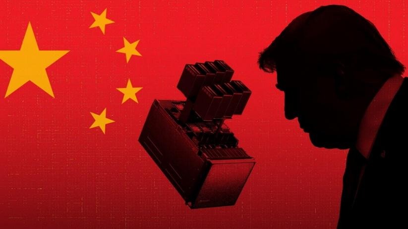 China flag with surveillance device and silhouette of Donald Trump on red background; symbolic of geopolitical tension.