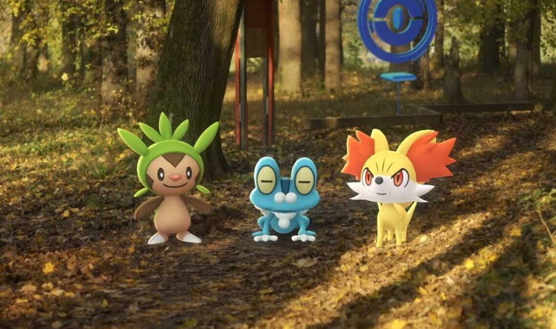 Chespin, Froakie, and Fennekin on a forest path with PokéStop in background, TECHi branding.