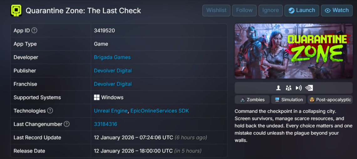 Game info and promo art for “Quarantine Zone: The Last Check” with zombies and survivors.