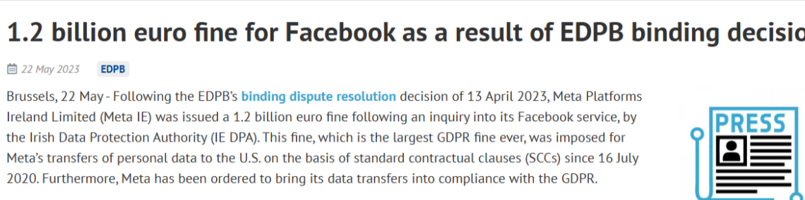 Headline “1.2 billion euro fine for Facebook” with EDPB ruling summary under TECHi branding.